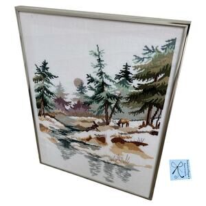 Yarn Art Needlepoint Elk Outdoor Scene Framed